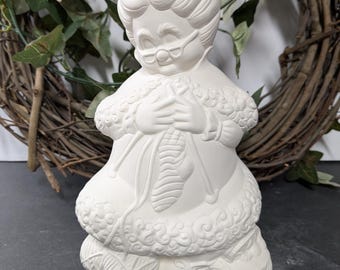 Retro Mrs. Claus by Clay Magic - Ceramic Bisque - Fired to Cone 04 - Unpainted • Paint Your Own • Knitting • Christmas • Winter • Jolly