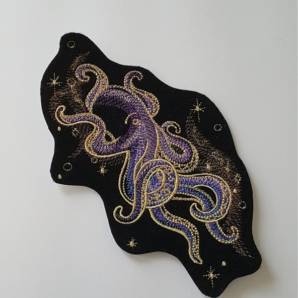 Cosmic Sea Octopus Patch - Machine Embroidered Iron-0n - Aquatic • The Deep • Tentacle • Jeans • Jackets • Ocean • Wave • Fish • Water