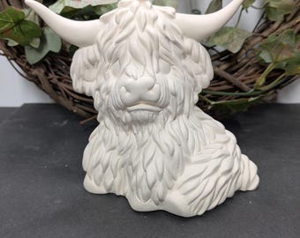 Ready to Paint Small Highland Cow - Ceramic Bisque - Fired to Cone 04 - Unpainted • Paint Your Own • Animals • Garden Decor • Cute • Moo