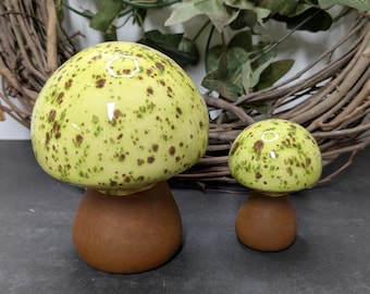 Hand Painted Set of 2 Button Mushrooms - Ceramic Bisque - Fired to Cone 04 - Crystal • Green • Hand Made • Decorate • Mushroom • Brown