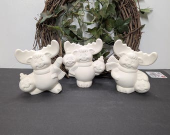 Ready to Paint Set of 3 Happy Moose - Ceramic Bisque - Fired to Cone 04 - Unpainted • Paint Your Own • Cute • Christmas • Winter • Antlers
