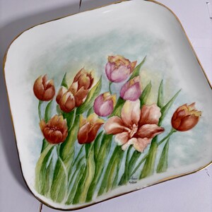 Vintage Hand Painted Porcelain Tulip Platter Large 13.5” Square Serving Tray Gold Rim Signed Frances Cottagecore Shabby Chic Floral