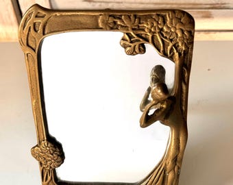 Art  Nouveau Brass mirror Lady of the lake free standing table mirror