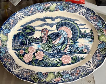 Ceramic large TURKEY Serving Platter 18-1/2"x13-3/4" Servewear Holiday Home Vtg