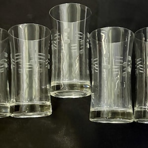 Libbey Etched glasses Dartel MCM set Of 5 Highball American Barware Circa 1950s