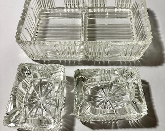 Glass Cigarette Box and Ashtrays- Art Deco Style Cut Glass Divided Dish  With Lid Matching Ashtrays Art Deco Decor Vintage Living Room Decor
