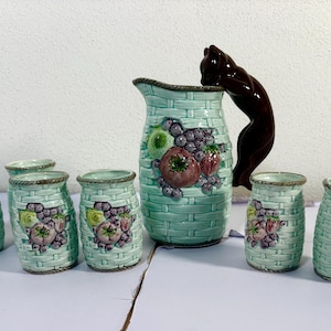 Vintage Mid Century Majolica Ceramic Drink Set, Mint Green Basketweave Pitcher and 6 Cups, Retro Kitschy Kitchen Black Cat Handle Pottery