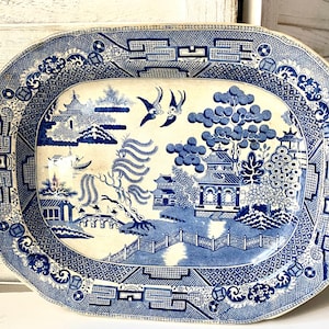Bandeja antiga Blue Willow 1813-1815 transferência de desgaste
