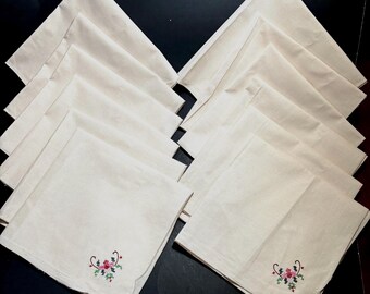 Linen Napkins Set 12 Natural Cotton Embroidered Cross Stitch Floral Ecru  Vtg