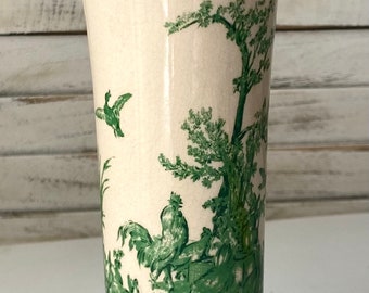 Vintage K Collection Transfer Vase weiß grün geschmückt mit Vogel Hahn JAPAN 1980er Jahre