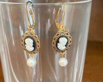 Cameo Pierced Earrings Black Background with white Cameo Gold Scrolling Oval Edge Dangling Pearl Easter Gift Vintage Jewelry Unique Gift