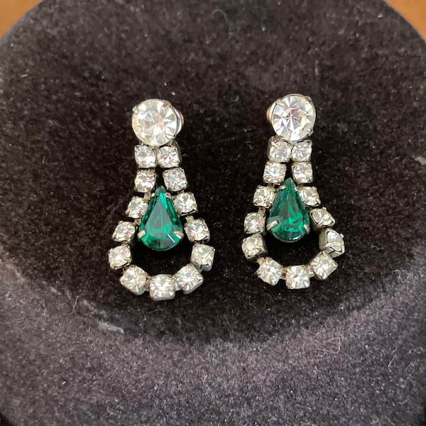 Rhinestone and Emerald Green Pierced Dangle Earrings Christmas Jewelry Vintage earrings Gift for her Unique gift idea Prom Accessories