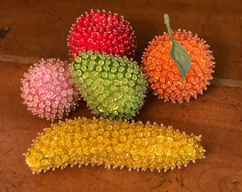 Vintage Beaded Sequin Fruit made with pins 1960 Kitchen Decor Set of 5 Pieces of Fruit Apple, Orange, Pear, Banana, Plum Excellent Condition