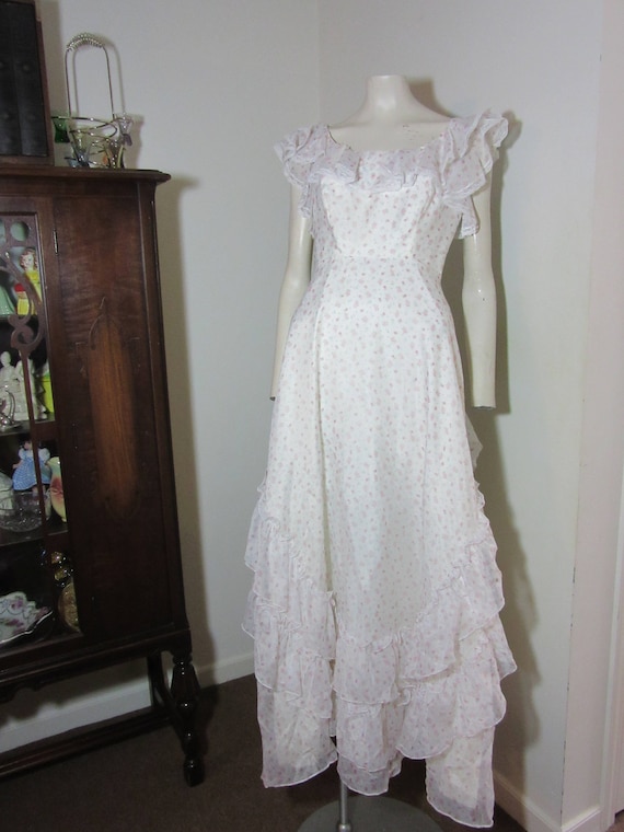1970's Ruffled Prom Dress -White/pink rose print -