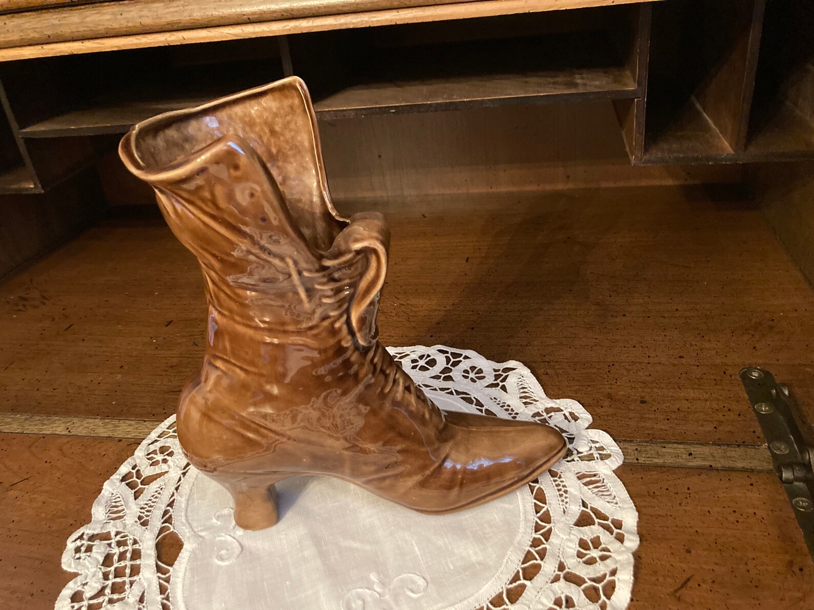 Vintage Ceramic Boot Vase Glazed Brown Unique Vase Gift Idea Flower