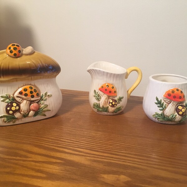 Vintage Mushroom Sears Roebuck and Co. Merry Mushroom Napkin Holder Creamer and Sugar 1976 Mushroom Ceramic Set Japan Sale