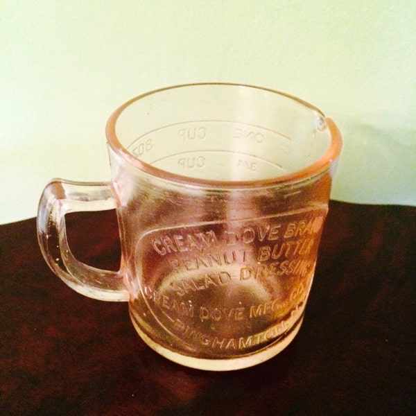 Vintage Pink Frosted Glass 1 Cup Measuring Cup Cream Dove Brand Peanut Butter Salad Dressing