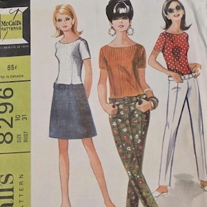Saknar höftåtsittande byxor, kjol och blus, Vintage 60-tals sömnadsmönster, storlek 10, delvis skuren