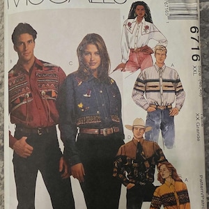 May include: McCall's sewing pattern featuring Western-style shirts and jackets. The pattern includes various designs with embroidered details, fringe, and a cowboy hat. The size is XXL (40-48).