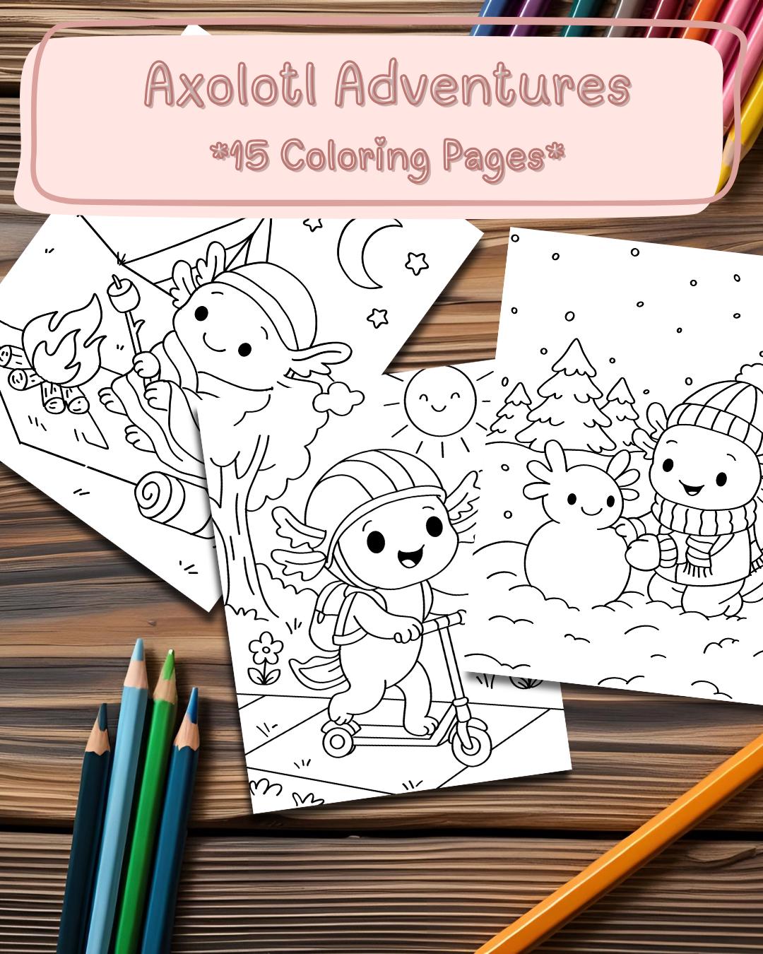 Adventures of Cozy the Axolotl – 15 Printable Coloring Pages for Kids; Cute Animal Coloring Book PDF; Axolotl Coloring Pages
