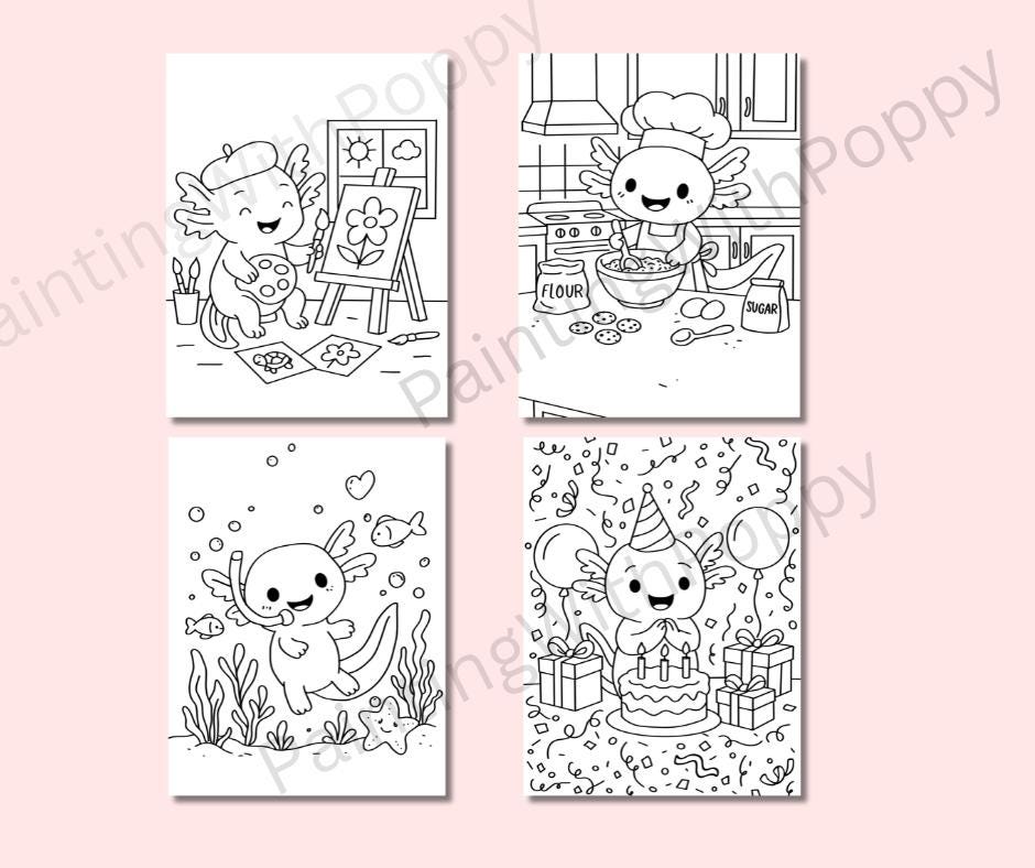 Adventures of Cozy the Axolotl – 15 Printable Coloring Pages for Kids; Cute Animal Coloring Book PDF; Axolotl Coloring Pages - Thumbnail 3