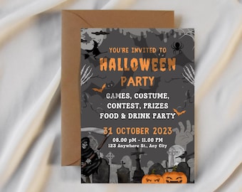 May include: A Halloween party invitation with a black and orange colour scheme. The invitation features a spooky graveyard scene with a grim reaper, bats, and pumpkins. The text reads "You're invited to Halloween Party" and includes details about the event, such as the date, time, and location.