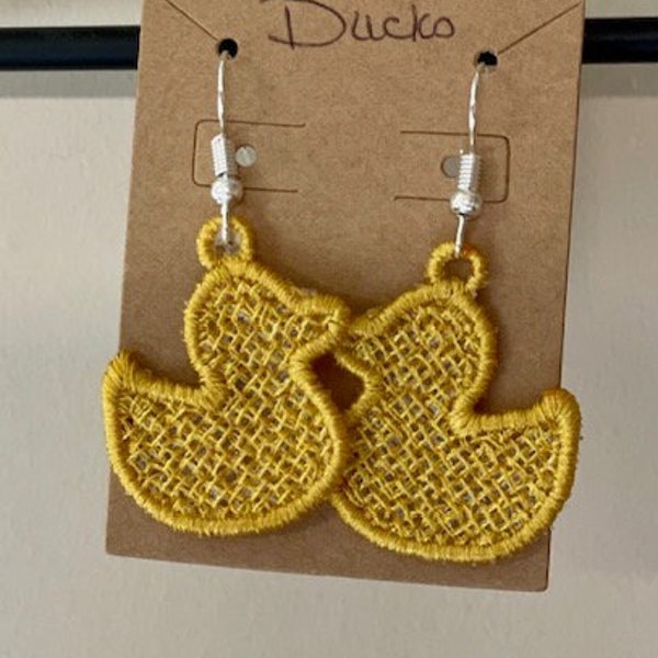 Rubber Duck FSL Machine Embroidery Earrings, FSL Cruising Duck Earrings, Barnyard Animal Earrings, Free Standing Lace Machine Embroidery