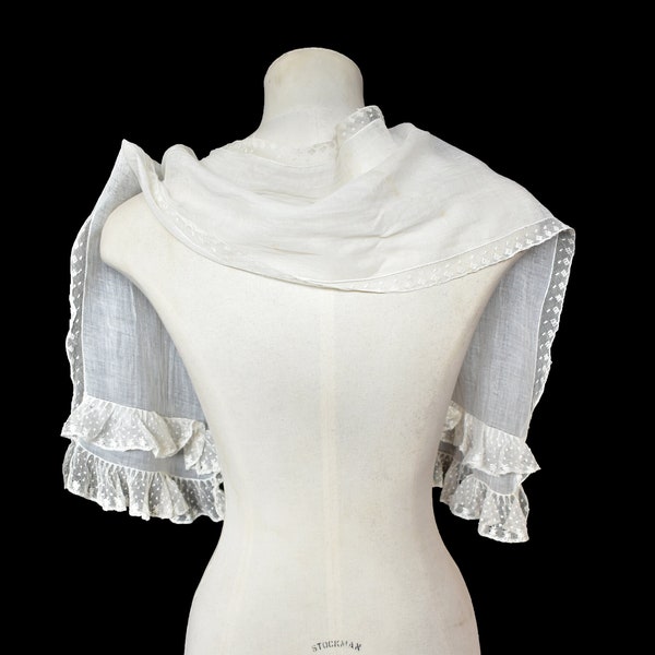 Antique scarf white fine cotton lace wedding wrap modesty panel Edwardian
