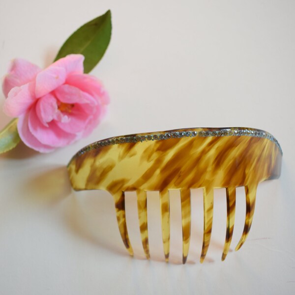 30's Art Deco yellow Faux Tortoiseshell  Hair Comb Spanish Peineta with diamante trim