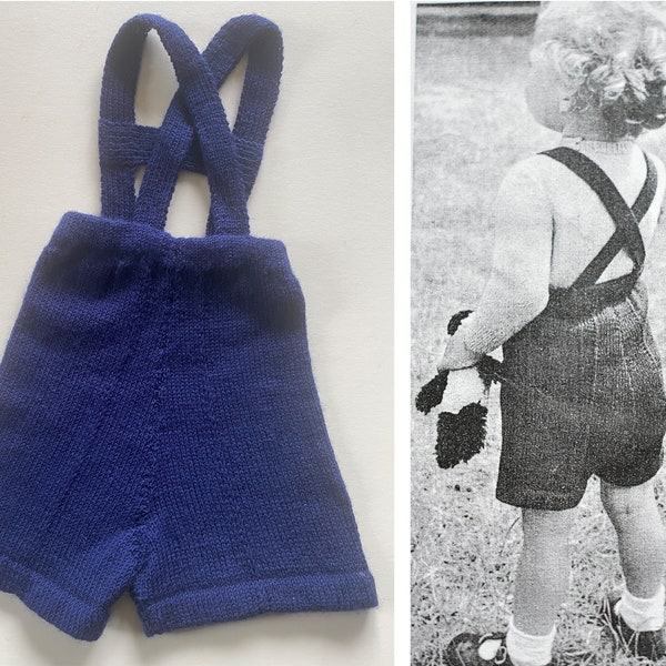 Handknitted to 40's pattern blue tiny trousers with straps age 2-4 pure wool