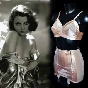 Art deco bra girdle set pin up girl pink satin rayon  set 30&#39;s glamour zip burlesque