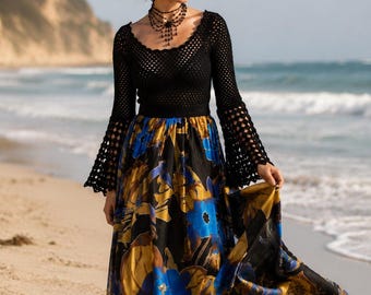 70s Crochet Top Maxi Dress: Bold Floral Skirt, Bell Sleeves