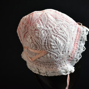 Antique Baby bonnet girls pink fine crochet white pink lining christening small