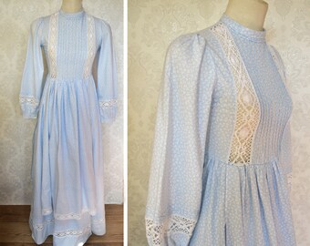70's  Laura Ashley Prairie Dress+ petticoat Made In Wales blue apron ditsy 10