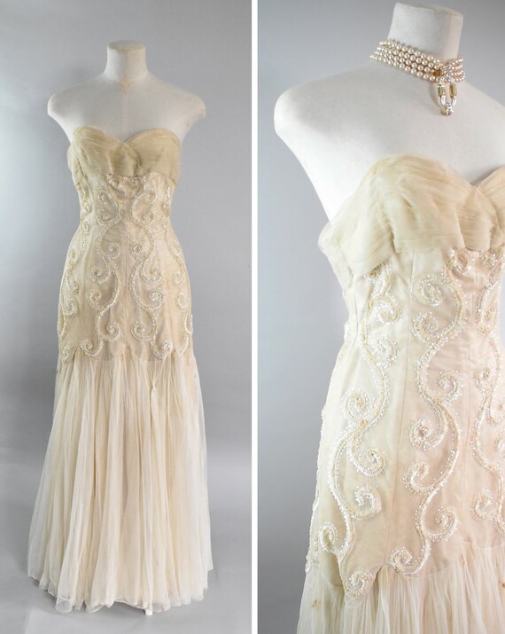 Stunning 40's fishtail sequin strapless dress medi