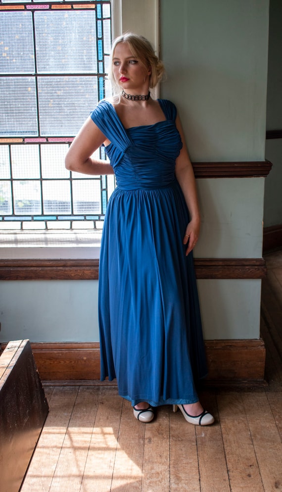 1940's blue draped shirred evening dress iconic f… - image 1