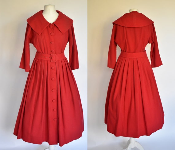 Vintage 50's cherry red wool dress long sleeves fu