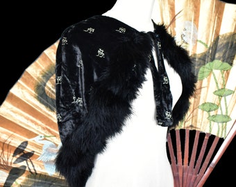 Velvet cape twenties black feather trim art deco hand painted