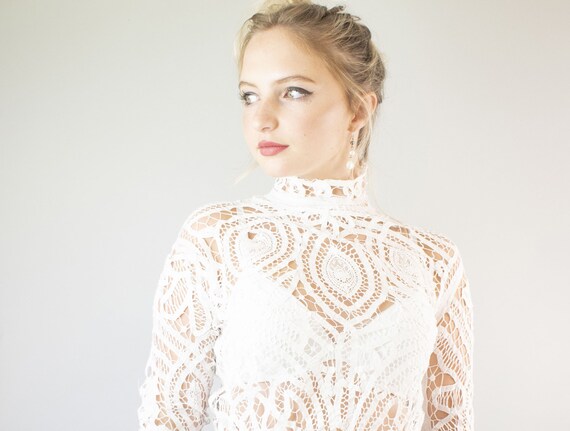 Daring Edwardian white high neck tape lace blouse