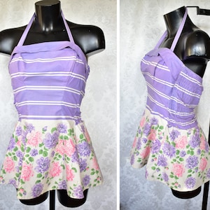 1950's lilac floral skirted swimsuit playsuit medium retro swim sunsuit Canne Bardot