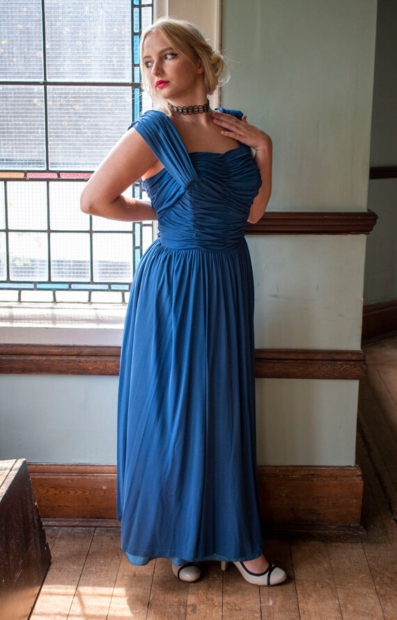 1940's blue draped shirred evening dress iconic f… - image 4