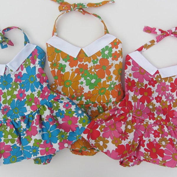 girls swimsuit vintage sun-suit floral 60's beach NWT's blues pinks yellow retro toddler