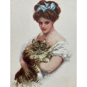Antique postcard cat lover pet gift Girl holding Persian cat