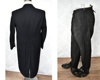 Vintage traje de mañana corbata negra colas largas levita pin raya pantalones 40's 50's Steampunk Fred Astaire