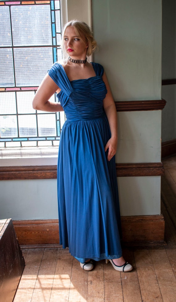 1940's blue draped shirred evening dress iconic f… - image 5
