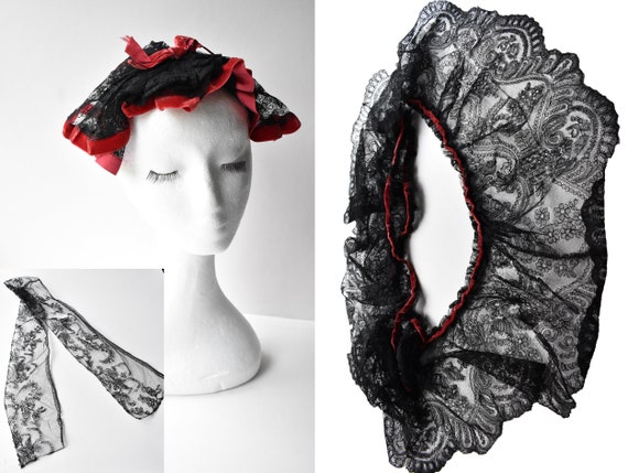Antique Victorian Edwardian cap scarlet velvet tri