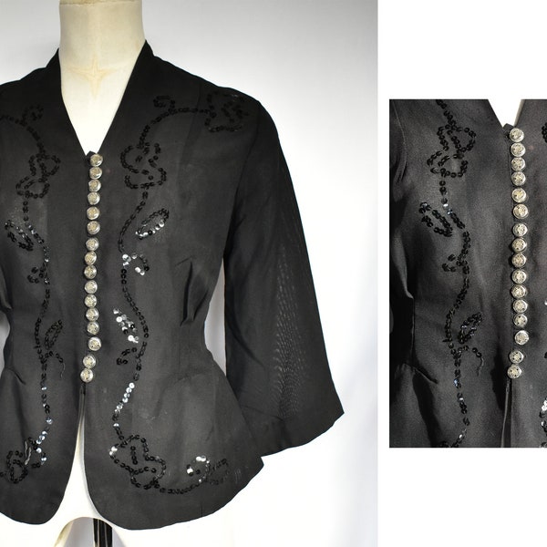 Vintage 40's black evening jacket sequinned stunning buttons 34" Bust