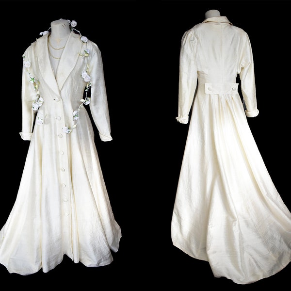 Winter wedding silk coat cream dupion dipped hemline vintage 80's Medium Romance Victorian