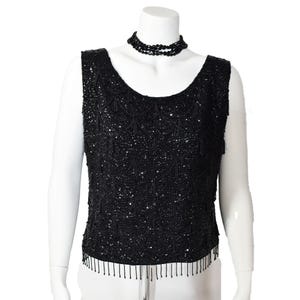 Sequin top black 50's vintage sparkle bling tassel sleeveless large
