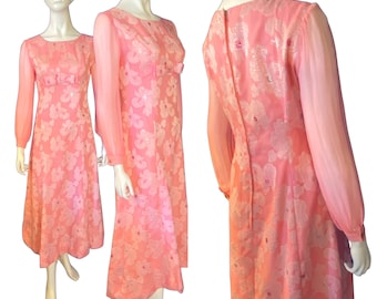 sheer sleeved pink maxi dress 70's party size 10